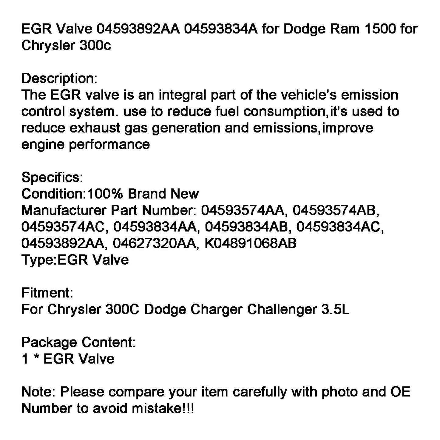 Chrysler 300C Dodge Charger Challenger 3.5L EGR Valve 04593892AA 04593834A