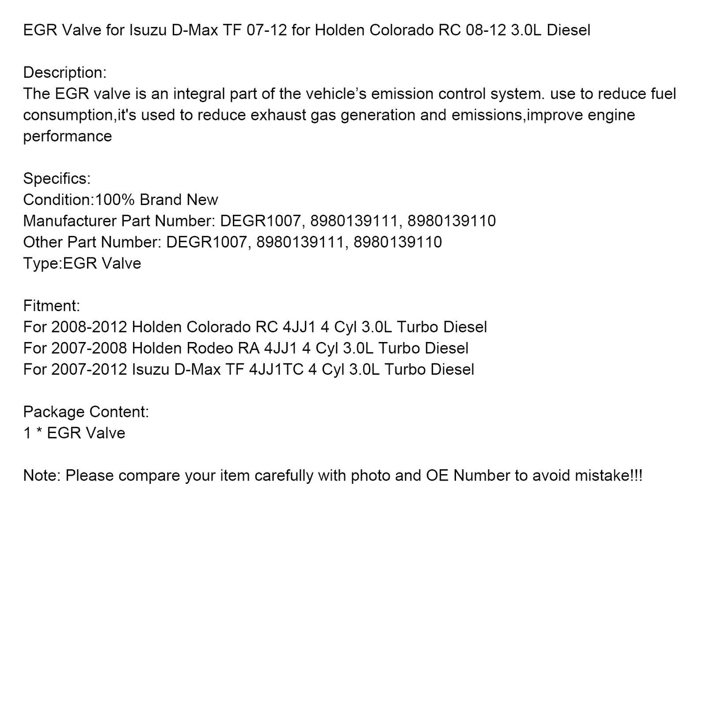 2007-2012 Isuzu D-Max TF 4JJ1TC 4 Cyl 3.0L Turbo Diesel EGR Valve